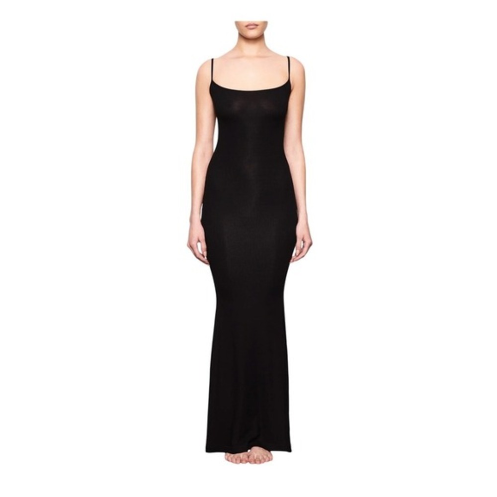 SKIMS Soft Lounge Long Slip‎ Maxi Dress Onyx Black Fine Ribbed Knit M